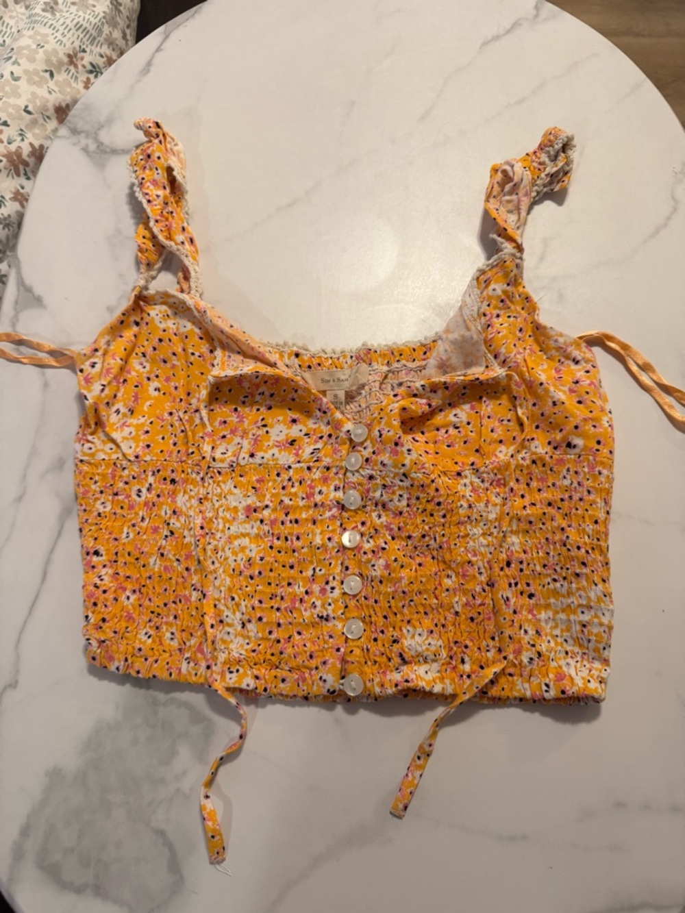 Summer Ditsy Floral Smocked Yellow Crop Top with Buttons
